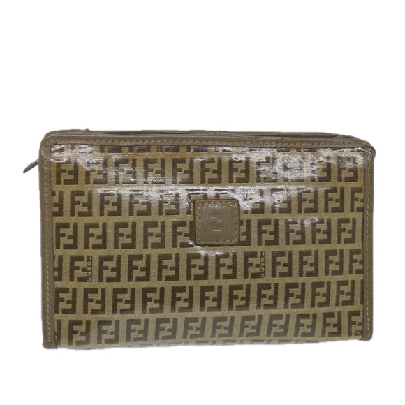 FENDI Zucchino Canvas Clutch Bag Coated Canvas Brown Auth ti1271